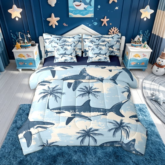 meiyoeat Palm Tree Coastal Shark Twin Bedding for Boys Girls, Beach Summer Ocean Wildlife Bedding Comforter Set, Sky Blue, Blue Reversible, 7-Piece