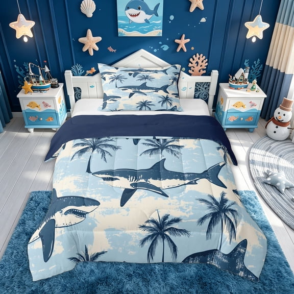 meiyoeat Palm Tree Coastal Shark Twin Comforter Sets for Boys Girls, Beach Summer Ocean Wildlife Bedding Set, Sky Blue, Blue Reversible, 2-Piece, 1 Comforter and 1 Pillowcase