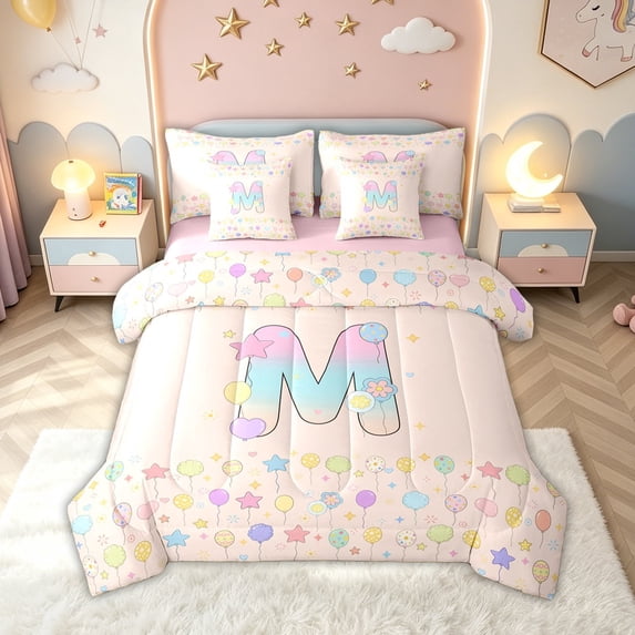meiyoeat Pastel Balloon Letter M Twin Bedding for Boys Girls, Cute Monogram Bedding Comforter Set, Pink Reversible, 7-Piece