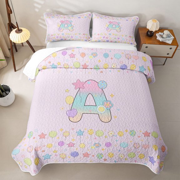 meiyoeat Pastel Balloon Monogram A Quilt Full,Rainbow Gradient Initial Full Bedspread Sets For Girl,3 Pieces