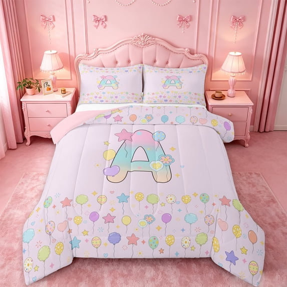 meiyoeat Pastel Balloon Monogram A King Size Comforter Sets,Rainbow Gradient Initial Comforters King Size For Girl,Pink Reversible,3-Piece,1 Comforter And 2 Pillowcases