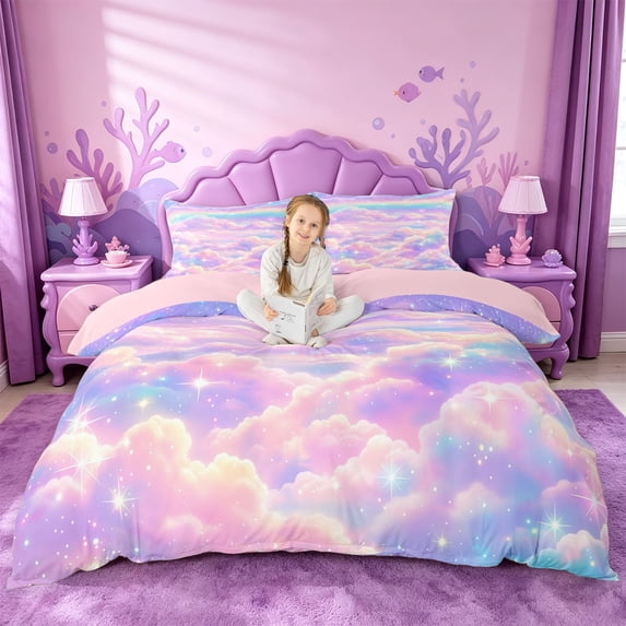 meiyoeat Pastel Cloud Star Bedding,Colorful Rainbow Pattern Duvet Cover Full For Girl,Reversible,3pcs,1 Duvet Cover and 2 Pillowcases