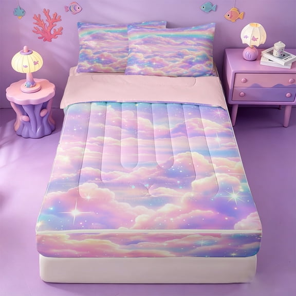 meiyoeat Pastel Cloud Star Zipper Twin Comforter Sets with Fitted Sheet and 2 Pillowcases,Colorful Rainbow Pattern Zipper Bedding Set For Girl,Reversible,4 Pieces