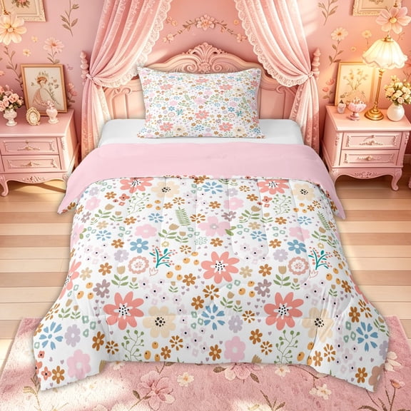 meiyoeat Pastel Floral Garden Twin Comforter Sets for Kids Girls, Boho Flower Leaf Bedding Set, Multicolor White, Pink Reversible, 2-Piece