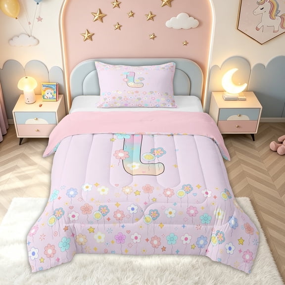meiyoeat Pastel Floral Letter L Print Twin Comforter Sets for Boys Girls, Spring Monogram Bedding Set, Pink Reversible, 2 Pieces, 1 Comforter and 1 Pillowcase