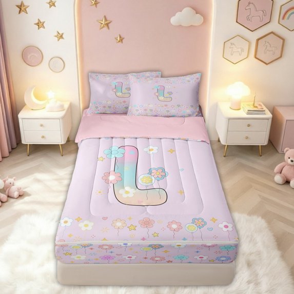 meiyoeat Pastel Floral Letter L Print Zipper Comforter Set with Fitted Sheet and 2 Pillowcases for Boys Girls, Spring Monogram Zipper Bedding Set, Pink Reversible, 3 Pieces