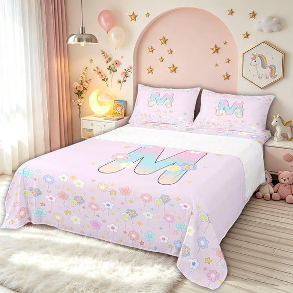 meiyoeat Pastel Floral Letter M Print Bed Sheets for Boys Girls, Spring Monogram Full Size Sheets, Pink Reversible, 1 Flat Sheet, 1 Fitted Sheet and 2 Pillowcases