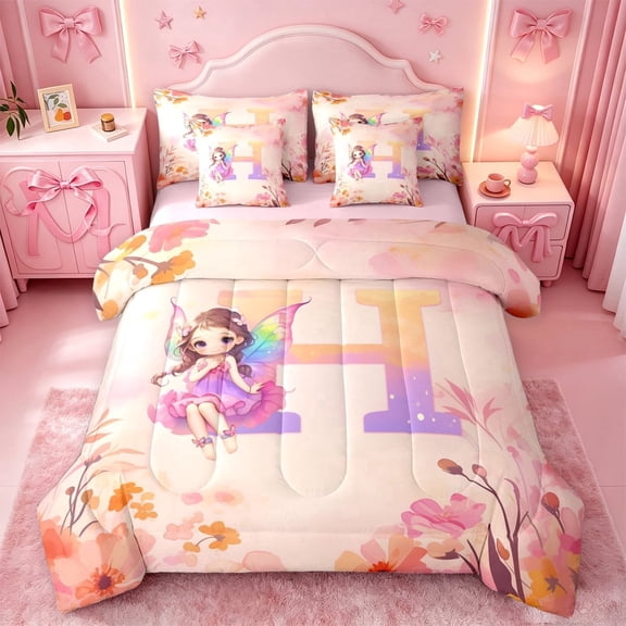 meiyoeat Pastel Floral Monogram 7-Piece Twin Bedding,Kawaii Elf Girls Bedding Comforter Set For Girl,Pink Reversible