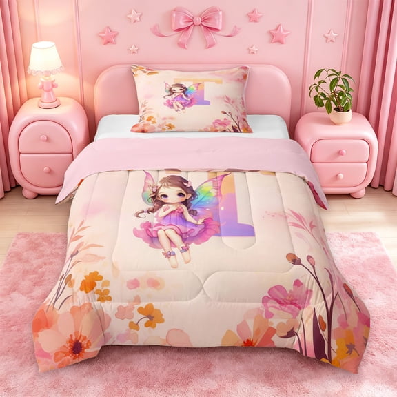 meiyoeat Pastel Floral Monogram T Twin Comforter Sets,Kawaii Elf Girls Bedding Set For Girl,Pink Reversible,2pcs,1 Comforter and 1 Pillowcase