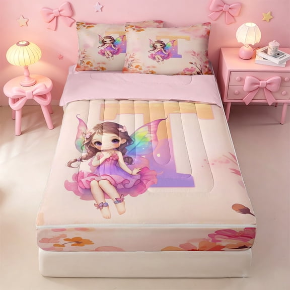 meiyoeat Pastel Floral Monogram T Zipper Twin Comforter Sets with Fitted Sheet and 2 Pillowcases,Kawaii Elf Girls Zipper Bedding Set For Girl,Pink Reversible,4 Pieces