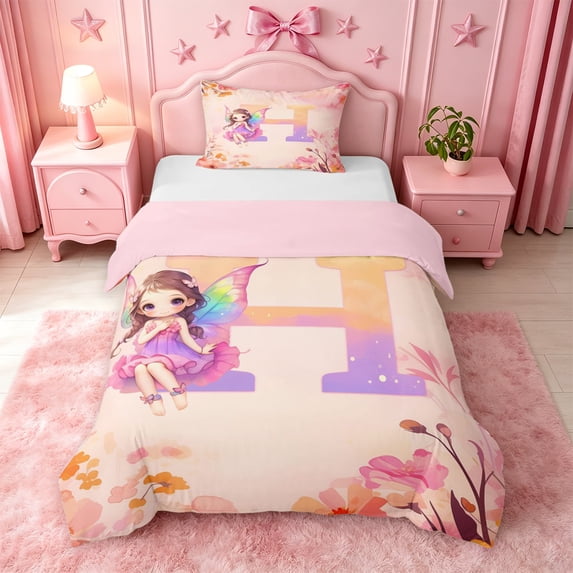 meiyoeat Pastel Floral Monogram Twin Duvet Cover,Kawaii Elf Girls Twin Bedding For Girl,Pink Reversible,2-Piece,1 Duvet Cover and 1 Pillowcase