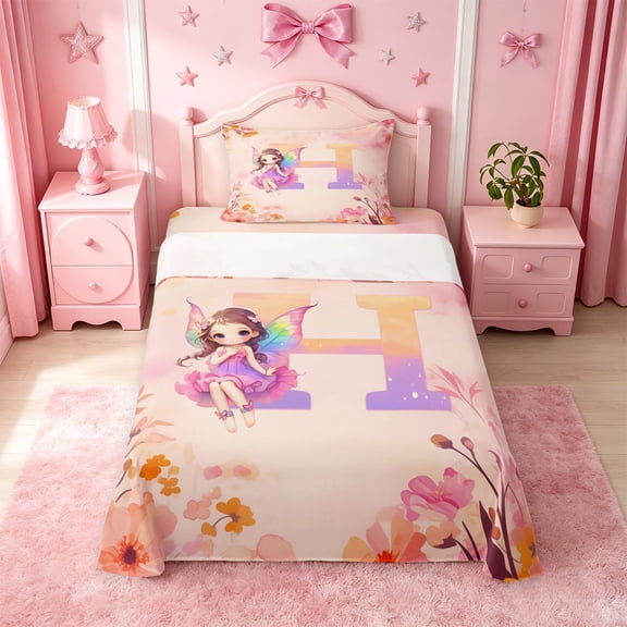 meiyoeat Pastel Floral Monogram Twin Sheets,Kawaii Elf Girls Bedding For Girl,3-Piece,1 Fitted Sheet and 1 Pillowcase