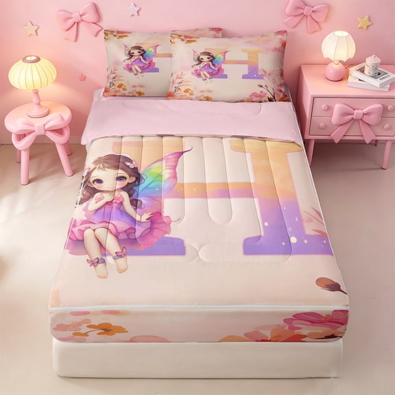 meiyoeat Pastel Floral Monogram Zipper Twin Comforter Sets with Fitted Sheet and 2 Pillowcases,Kawaii Elf Girls Zipper Bedding Set For Girl,Pink Reversible,4-Piece
