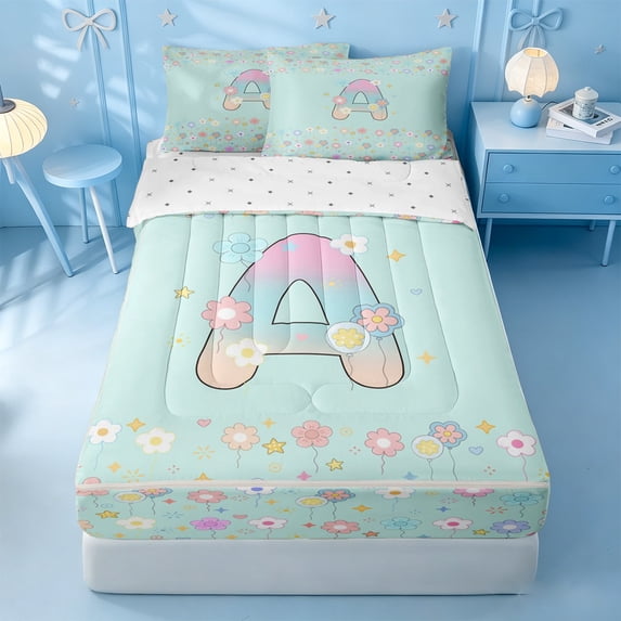 meiyoeat Pastel Flower Monogram A Zipper Full Size Comforter Sets with Fitted Sheet and 2 Pillowcases,Rainbow Gradient Initial Zipper Bedding Set For Girl,Reversible,4 Pieces