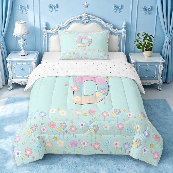 meiyoeat Pastel Rainbow Initial D Twin Comforter Sets,Floral Gradient Monogram Print Bedding Set For Girl,Reversible,2pcs,1 Comforter and 1 Pillowcase