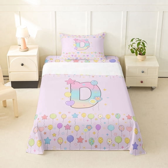 meiyoeat Pastel Rainbow Initial D Twin Sheets,Balloon Ombre Alphabet Print Bedding For Girl,3-Piece,1 Fitted Sheet and 1 Pillowcase