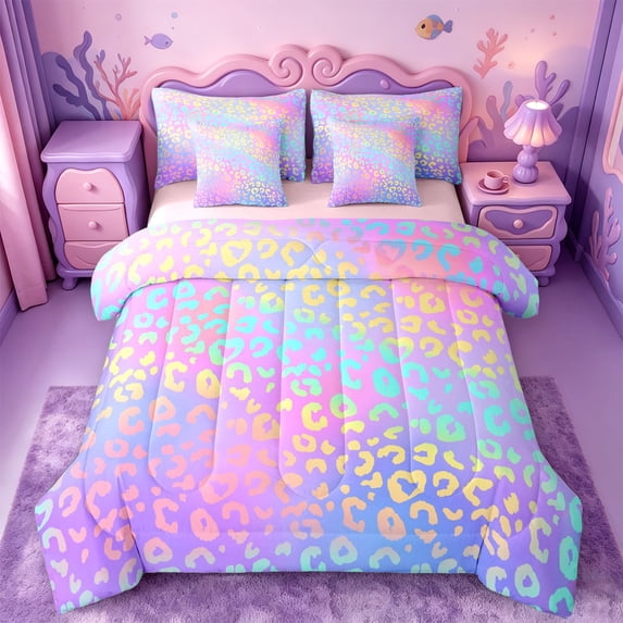 meiyoeat Pastel Rainbow Leopard Print 7Pcs Queen Bedding,Colorful Animal Pattern Bedding Comforter Set Queen For Girl,Reversible