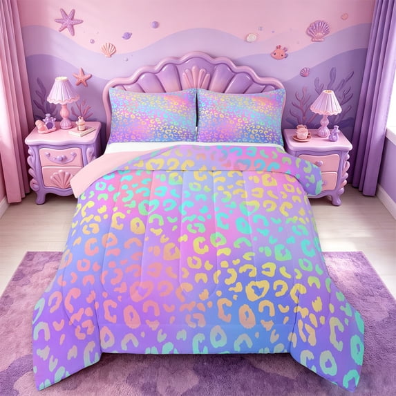 meiyoeat Pastel Rainbow Leopard Print King Size Comforter Sets,Colorful Animal Pattern Comforters King Size For Girl,Reversible,3Pcs,1 Comforter And 2 Pillowcases