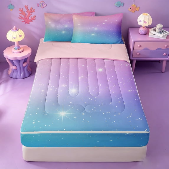 meiyoeat Pastel Star Pattern Zipper Full Size Comforter Sets with Fitted Sheet and 2 Pillowcases,Dreamy Print Zipper Bedding Set For Girl,Reversible,4 Pieces