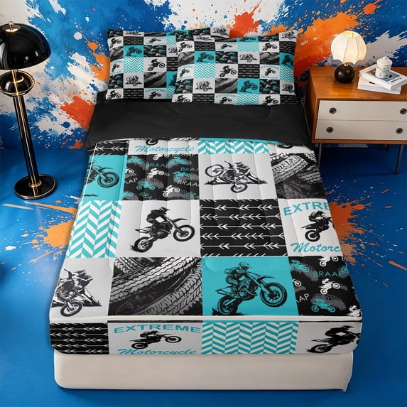 meiyoeat Patchwork Extreme Motorcycle Zipper Twin Comforter Sets with Fitted Sheet and 2 Pillowcases,Chevron Dirt Bike Zipper Bedding Set,Blue Grey,Reversible