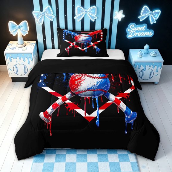 meiyoeat Patriotic Cross Baseball Twin Comforter Sets for Boys, Red Blue USA Flag Drip Bedding Set, Black Reversible, 2-Piece, 1 Comforter and 1 Pillowcase