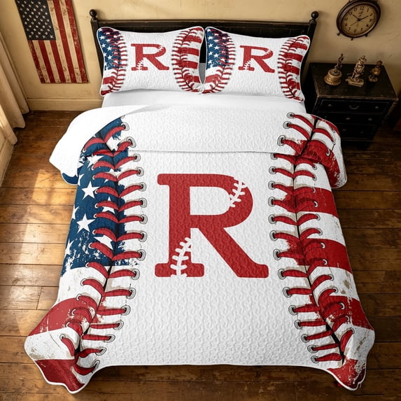 meiyoeat Patriotic USA Flag Quilt Full for Boys, Baseball Letter R Print Full Bedspread Sets, 3pcs, 1 Comforter and 2 Pillowcases