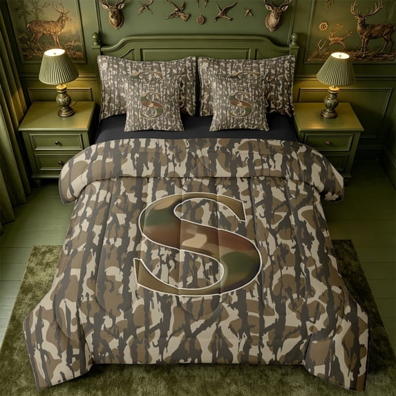 meiyoeat Personalized Camo Letter S 7pcs Queen Bedding For Boy,Vintage Camouflage Alphabet Print Bedding Comforter Set Queen,Black Reversible