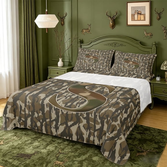 meiyoeat Personalized Camo Letter S Queen Sheets For Boy,Vintage Camouflage Alphabet Print Queen Sheet Sets,4 Pieces