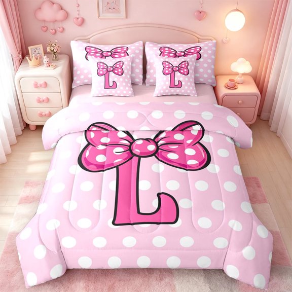 meiyoeat Personalized Initial L 7 Pieces Full Size Bedding Sets,Dreamy Princess Bow Full Size Bed in a Bag For Bow Tie Lovers,Pink Reversible