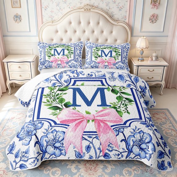 meiyoeat Personalized Letter Gifts Twin Quilt Set,Rustic Leaves Alphabet M Twin Coverlet Set For Girls,2-Piece,1 Bedspread and 1 Pillowcase