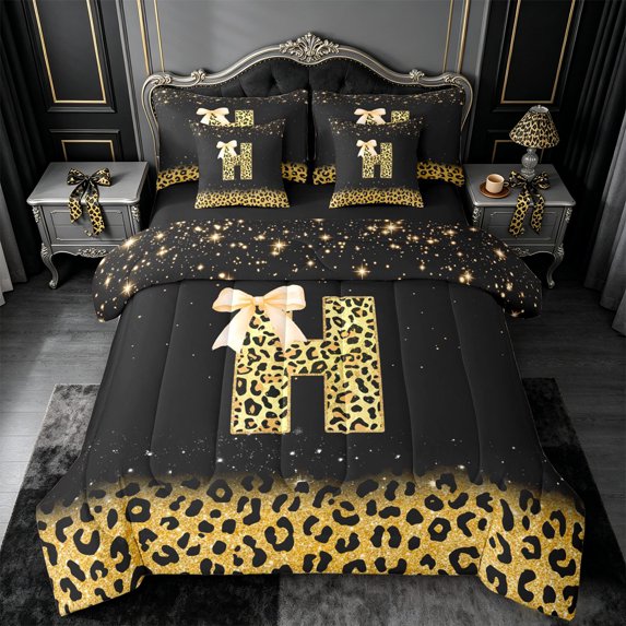 meiyoeat Personalized Monogram Print 7-Piece Twin Bedding,Leopard Bowknot Bling Initial Art Bedding Comforter Set For Girl,Black Reversible