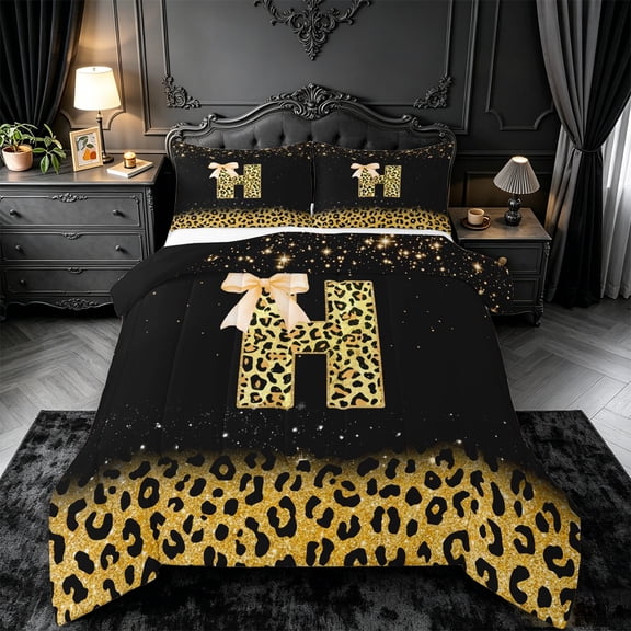 meiyoeat Personalized Monogram Print Full Size Comforter Sets,Leopard Bowknot Bling Initial Art Bedding Comforter Set For Girl,Black Reversible,3-Piece,1 Comforter and 2 Pillowcases