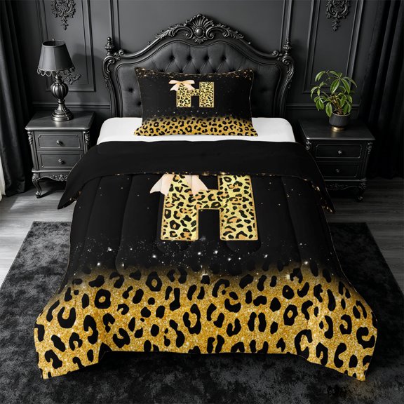 meiyoeat Personalized Monogram Print Twin Comforter Sets,Leopard Bowknot Bling Initial Art Bedding Set For Girl,Black Reversible,2pcs,1 Comforter and 1 Pillowcase