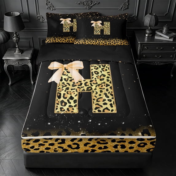 meiyoeat Personalized Monogram Print Zipper Twin Comforter Sets with Fitted Sheet and 2 Pillowcases,Leopard Bowknot Bling Initial Art Zipper Bedding Set For Girl,Black Reversible,4-Piece