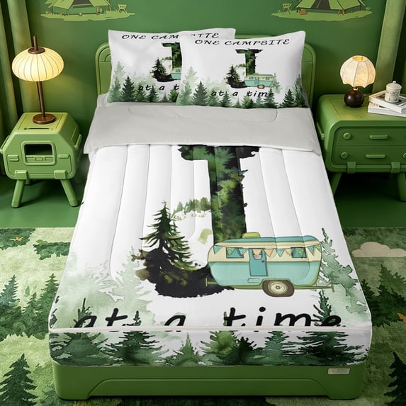 meiyoeat Personalized Monogrammed J Letter Zipper Full Size Comforter Sets with Fitted Sheet and 2 Pillowcases,Happy Camping Outdoor Adventure Zipper Bedding Set,Light Gray Reversible,4 Pieces
