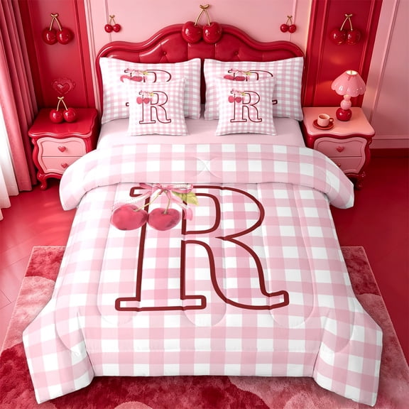 meiyoeat Pink 3D Cartoon Initial R 7-Piece Twin BeddingLovely Bowknot Cherry Bedding Comforter Set For Girl,Pink Reversible
