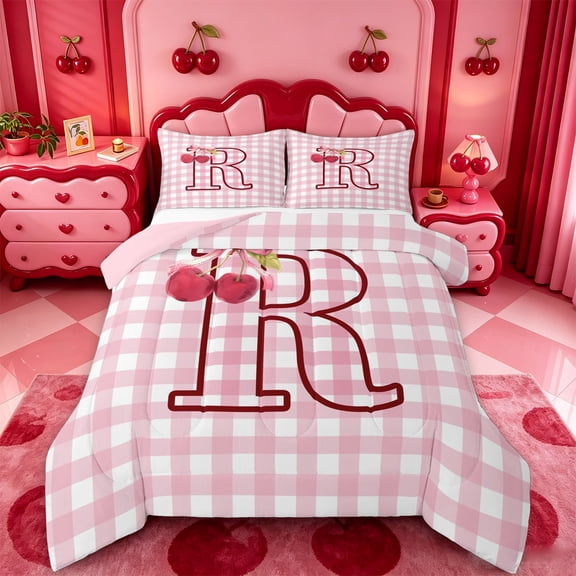 meiyoeat Pink 3D Cartoon Initial R Full Size Comforter SetsLovely Bowknot Cherry Bedding Comforter Set For Girl,Pink Reversible,3-Piece,1 Comforter and 2 Pillowcases