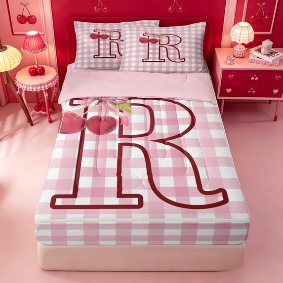meiyoeat Pink 3D Cartoon Initial R Zipper Twin Comforter Sets with Fitted Sheet and 2 PillowcasesLovely Bowknot Cherry Zipper Bedding Set For Girl,Pink Reversible,4 Pieces