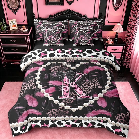 meiyoeat Pink Black Leopard Pattern 7 Pieces King Bedding For Girls,Cheetah Initial K Letter King Bed In A Bag For Leopard Lovers,Black Reversible