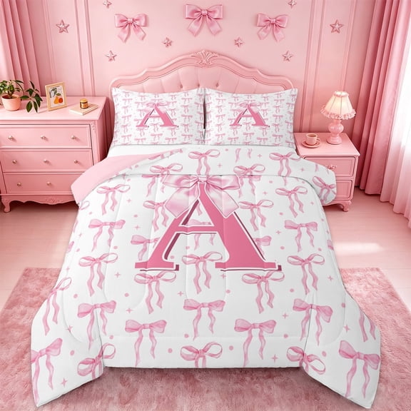 meiyoeat Pink Bow Full Size Comforter Sets For Girls,Coquette Bowtie Monogrammed A Print Bedding Sets For Kids,pink Reversible,3-Piece
