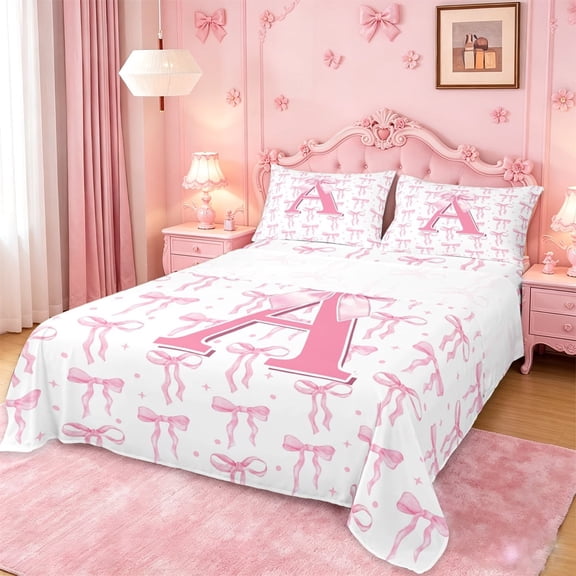 meiyoeat Pink Bow Full Size Sheets For Girls,Coquette Bowtie Monogrammed A Print Bed Sheets For Kids,4-Piece