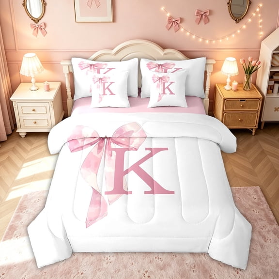 meiyoeat Pink Bow Letter K Twin Bedding for Girls, Dreamy Princess Style Bedding Comforter Set, Pink Reversible, 7pcs