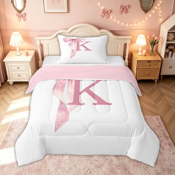 meiyoeat Pink Bow Letter K Twin Comforter Sets for Girls, Dreamy Princess Style Bedding Set, Pink Reversible 2pcs, 1 Comforter and 1 Pillowcase