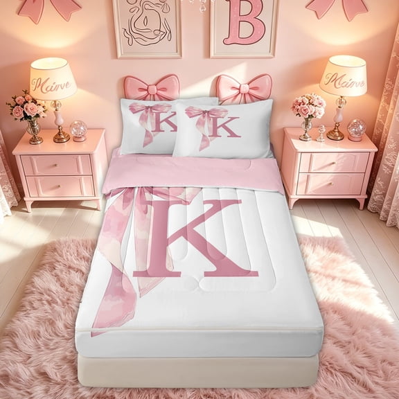 meiyoeat Pink Bow Letter K Zipper Twin Comforter Sets with Fitted Sheet and 2 Pillowcases for Girls, Dreamy Princess Style Zipper Bedding Set, Pink Reversible, 4pcs