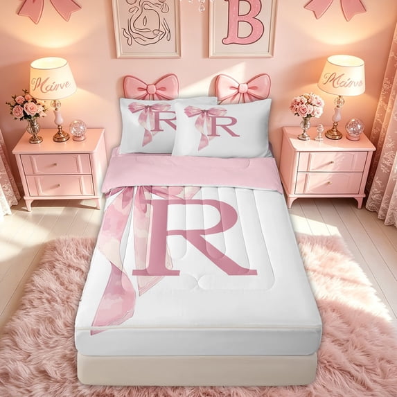 meiyoeat Pink Bow Letter R Zipper Full Size Comforter Sets with Fitted Sheet and 2 Pillowcases for Girls, Dreamy Princess Style Zipper Bedding Set, Pink Reversible, 4-Piece