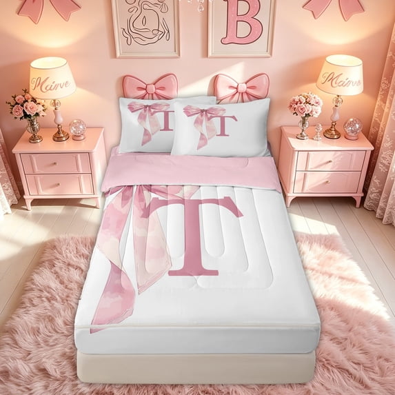 meiyoeat Pink Bow Letter T Zipper Twin Comforter Sets with Fitted Sheet and 2 Pillowcases for Girls, Dreamy Princess Style Zipper Bedding Set, Pink Reversible, 4pcs