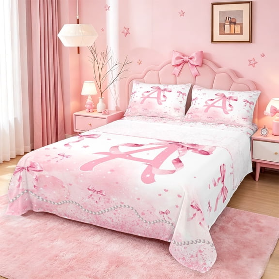meiyoeat Pink Bow Monogram A Bed Sheets,Cute Ribbon Bowknot Full Size Sheets For Girl,4-Piece,1 Flat Sheet,1 Fitted Sheet and 2 Pillowcases