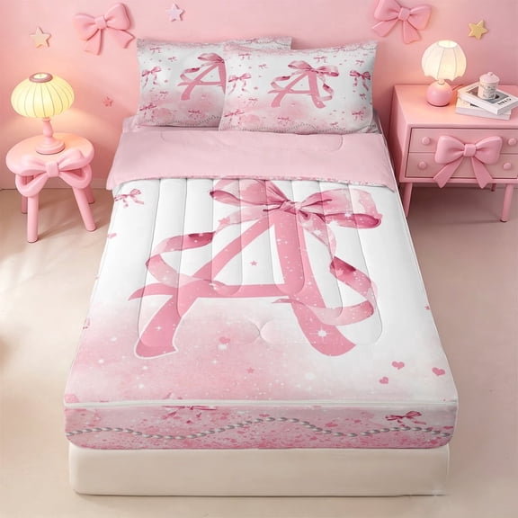 meiyoeat Pink Bow Monogram A Zipper Twin Comforter Sets with Fitted Sheet and 2 Pillowcases,Cute Ribbon Bowknot Zipper Bedding Set For Girl,Pink Reversible,4-Piece