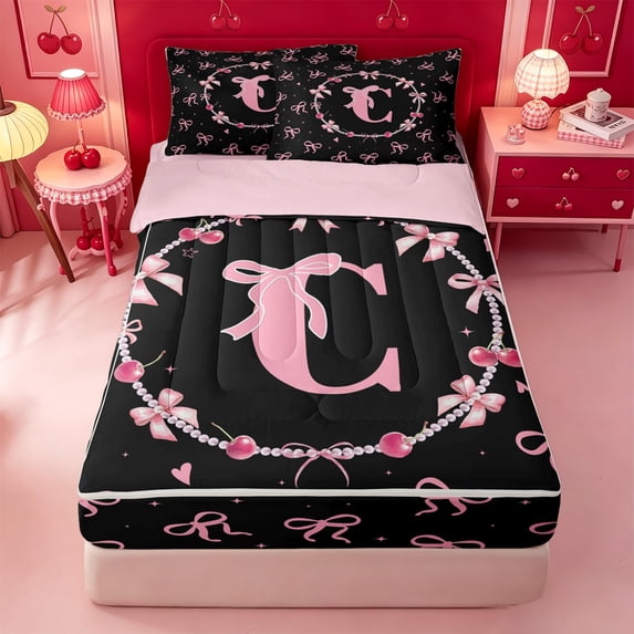 meiyoeat Pink Bow Monogrammed C Zipper Full Size Comforter Sets with Fitted Sheet and 2 Pillowcases,3D Cartoon Pearl Zipper Bedding Set For Girl,Pink Reversible,4-Piece
