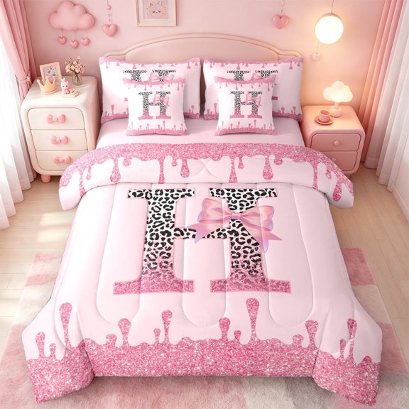 meiyoeat Pink Bow Tie Monogram 7-Piece Twin Bedding For Girls,Sparkling Leopard Drip Print Bedding Comforter Set,Pink Reversible